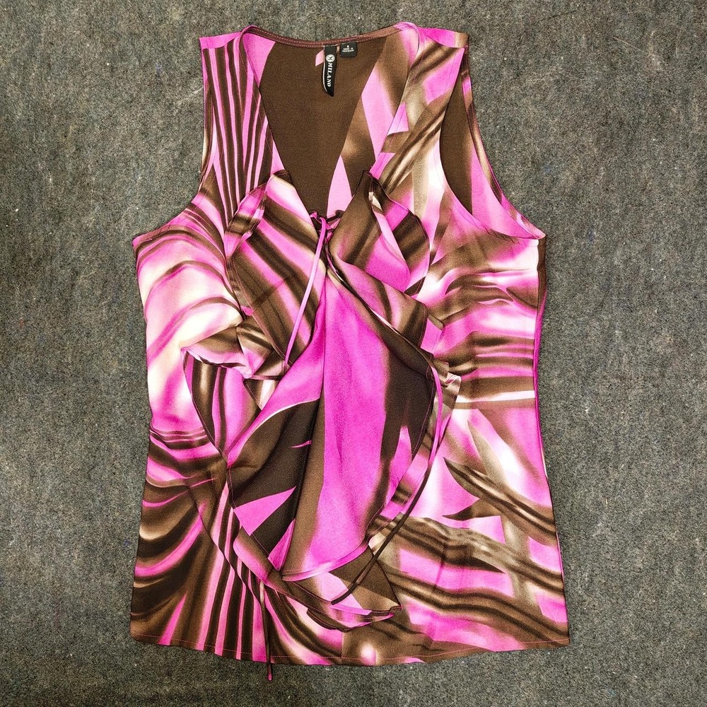 Milano Womens Pink Brown Abstract Print Ruffle Tie Sleeveless Top Small Festival